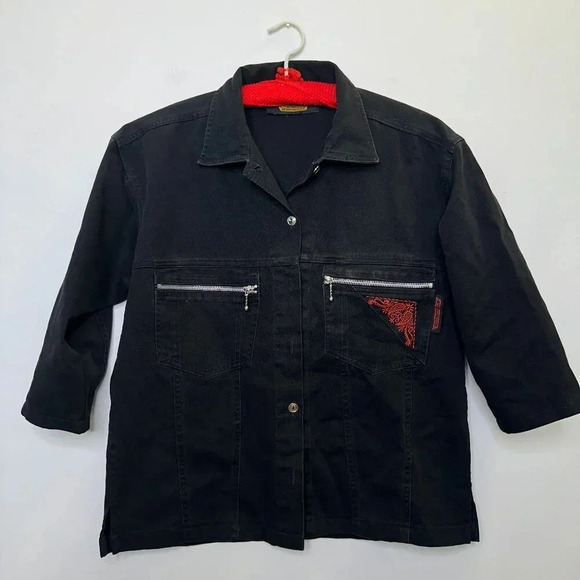 Vintage Harley Davidson Black Denim 3/4 Sleeve Shirt Paisley Zip Size M AS IS - Picture 1 of 7